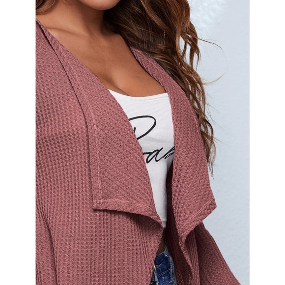 Waffle Knit Waterfall Cardigan soft knit sweater black - Picture 4 of 11